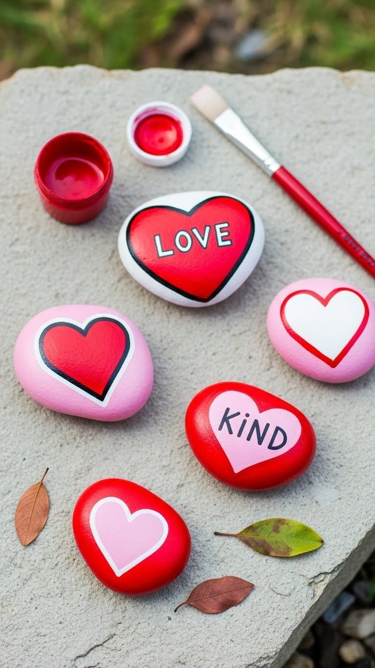Painted rock kindness hearts with heart designs and inspirational words arranged on natural stone surface