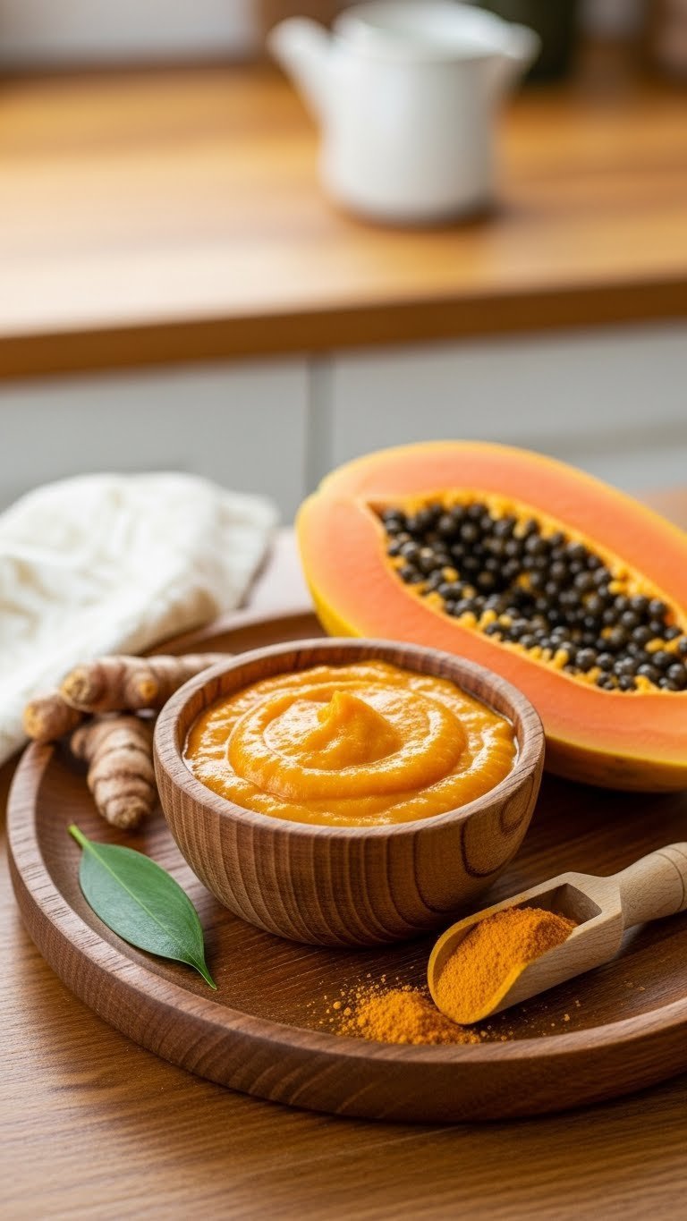 Papaya and turmeric paste in rustic wooden bowl with sliced fruit and powder on wooden scoop