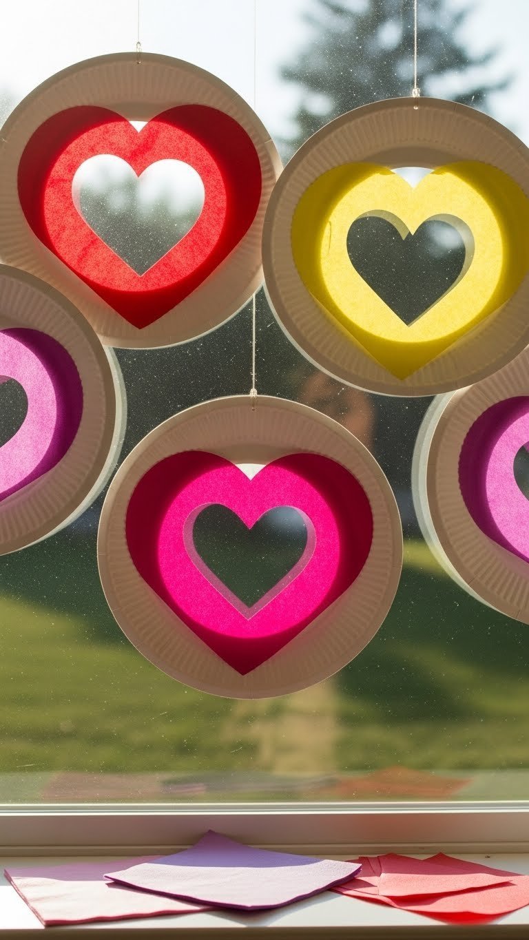 Paper plate heart suncatchers with tissue paper hanging in sunlit window casting vibrant heart-shaped shadows