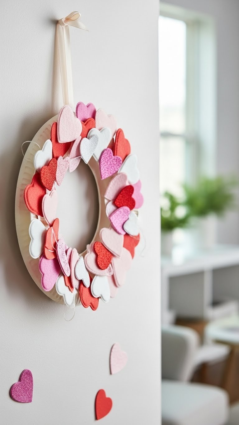 Paper plate heart wreath adorned with multi-textured heart cutouts in pink, red, and white hanging on a pastel wall.