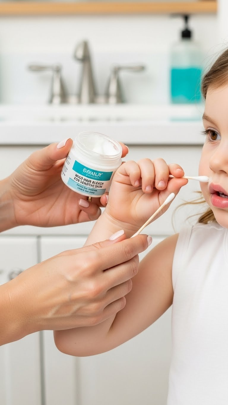 Parent applying hair lightening cream to child's upper lip using cotton swab with bright daylight