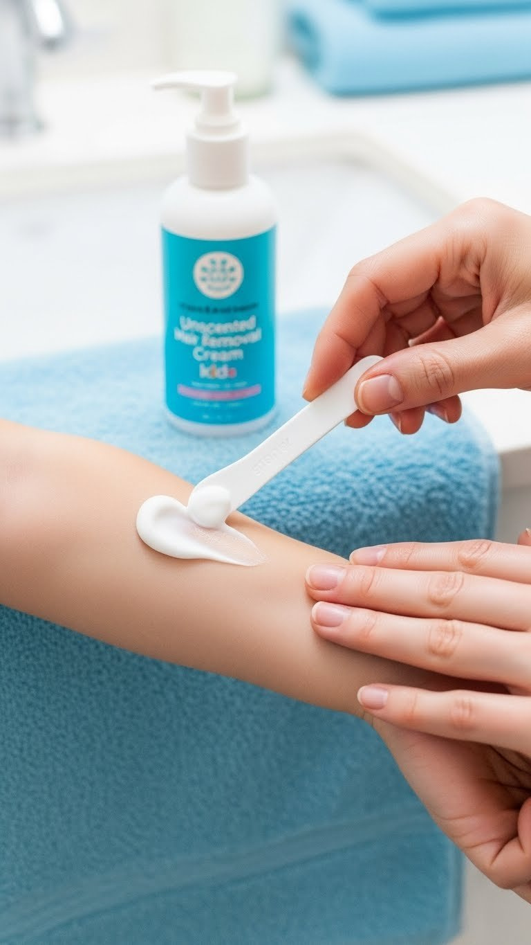 Parent applying white creamy depilatory product to child's arm with small applicator on neutral towel