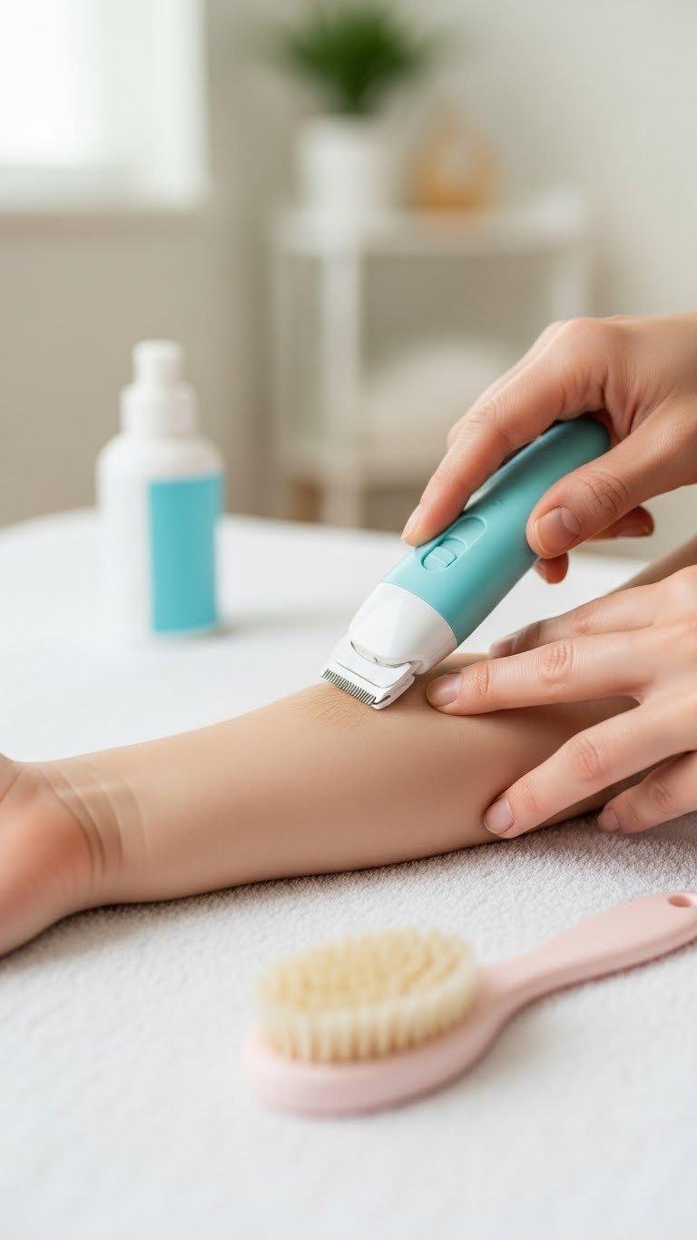 Parent gently trimming fine body hair on child's arm using child-safe electric trimmer with soft natural lighting