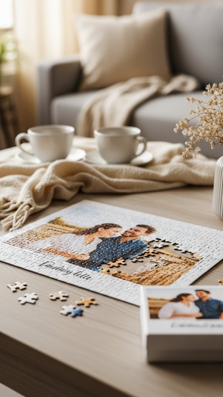 Partially completed custom jigsaw puzzle revealing couple photo on rustic wooden table with scattered puzzle pieces