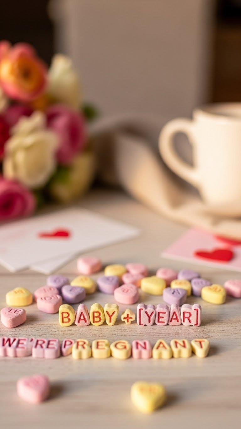 Pastel Sweethearts candies arranged in baby announcement message on rustic wooden table with warm golden hour lighting.