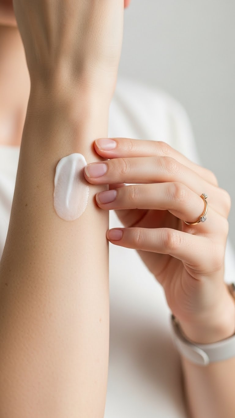 Patch testing body hair removal cream with small dab on inner forearm showing careful skin sensitivity check