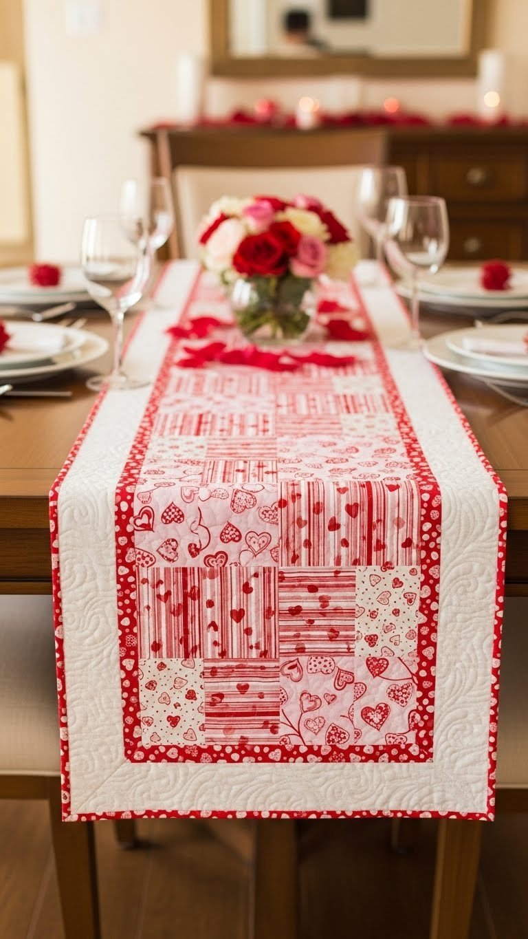 Patchwork Valentine's Day table runner on polished dining table with romantic place settings