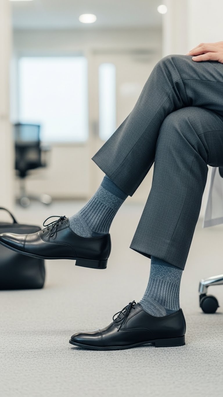 Patterned compression socks peeking from professional trousers with polished shoe in stylish wardrobe