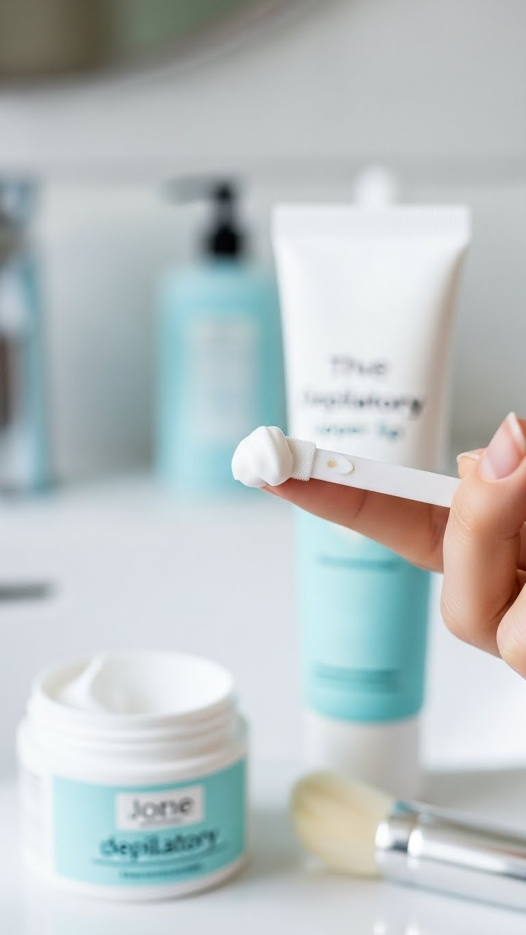 Pea-sized dab of white depilatory cream on fingertip ready for upper lip application with minimalist vanity