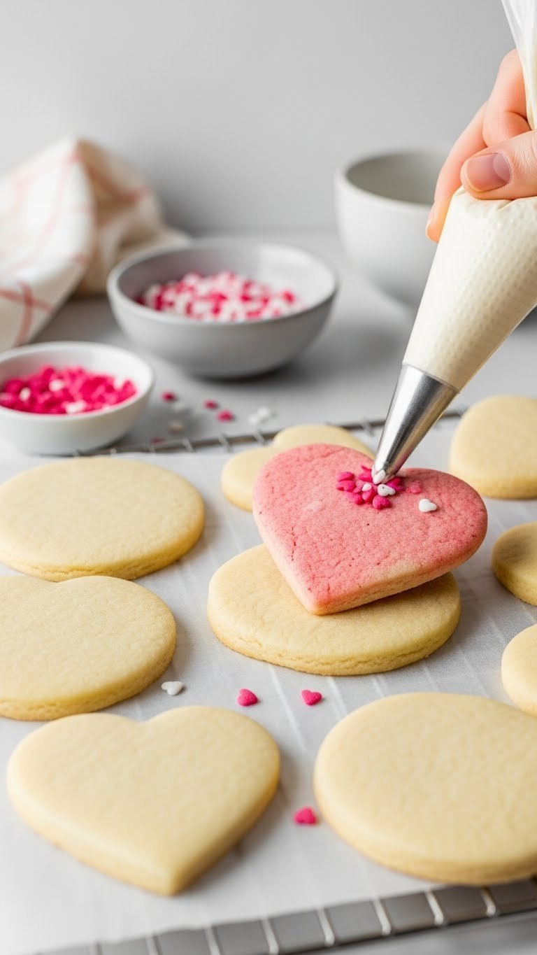 Perfect heart-shaped no-spread sugar cookies ready for decorating on cooling rack with piping bag
