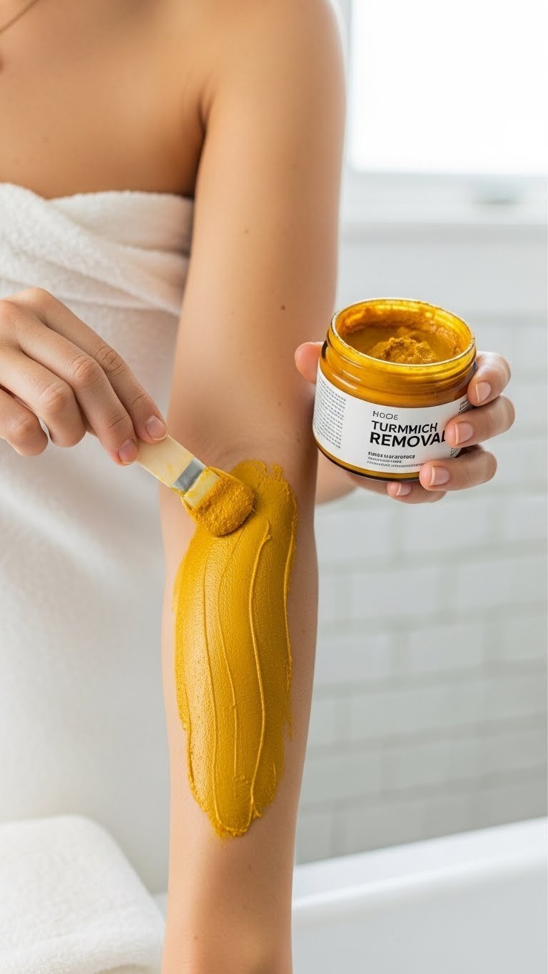 Person applying golden turmeric paste to arm skin with flat applicator in minimalist bathroom setting