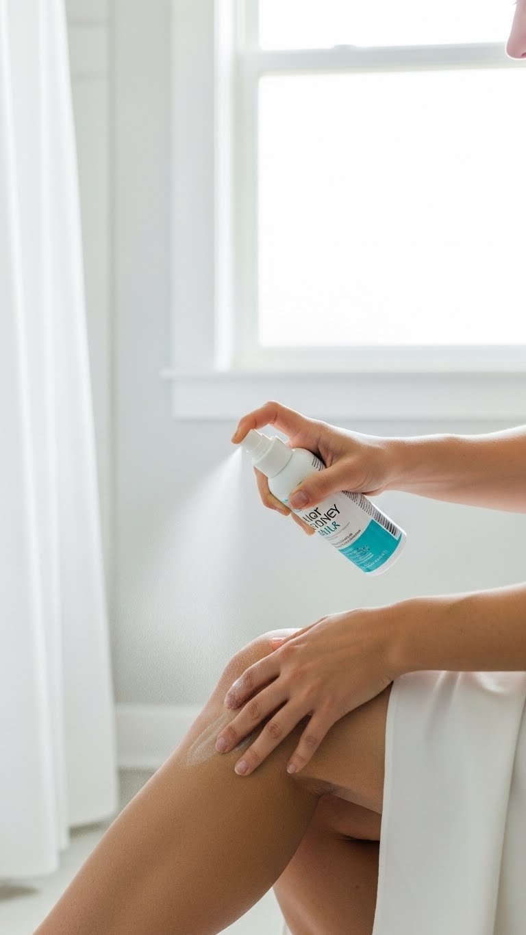 Person applying hair removal spray foam to leg showing fine mist coverage against neutral background