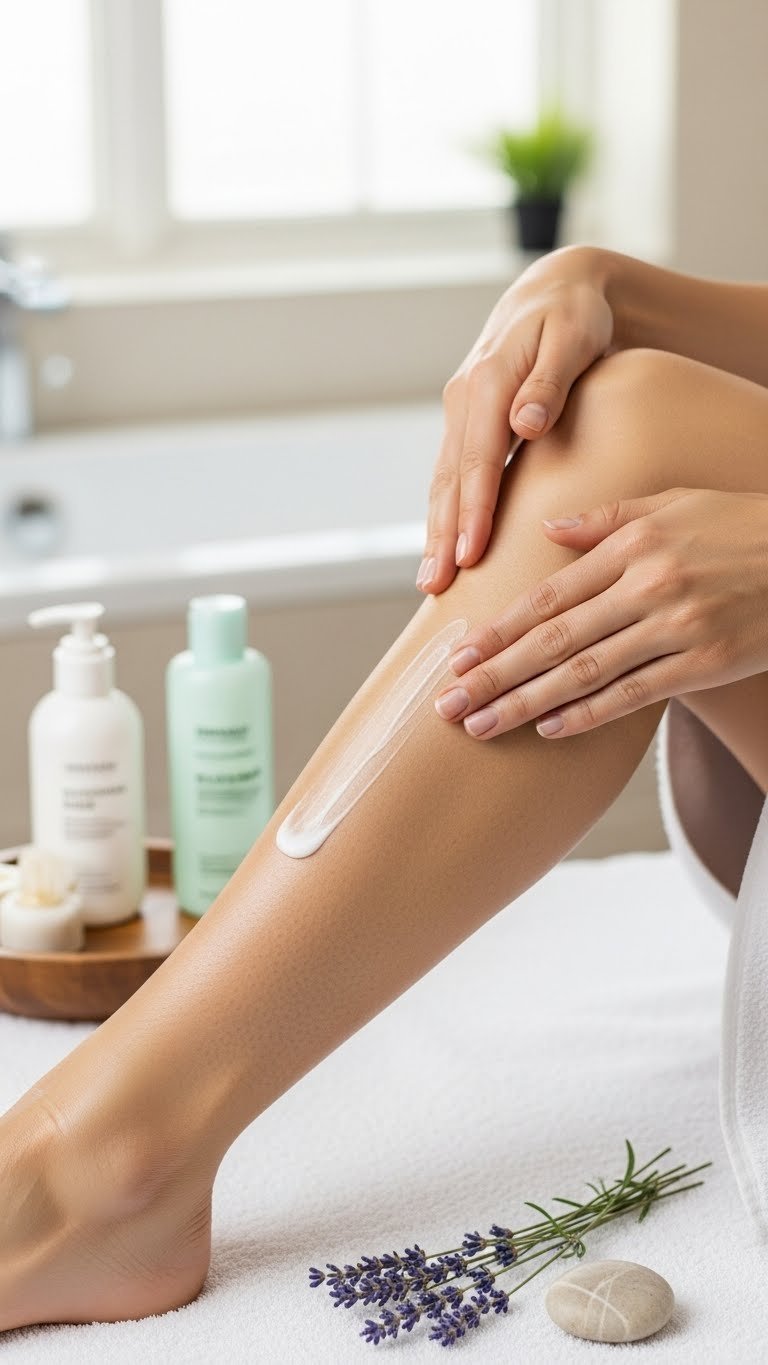 Person applying hydrating lotion to freshly depilated leg skin with soft natural lighting and spa atmosphere