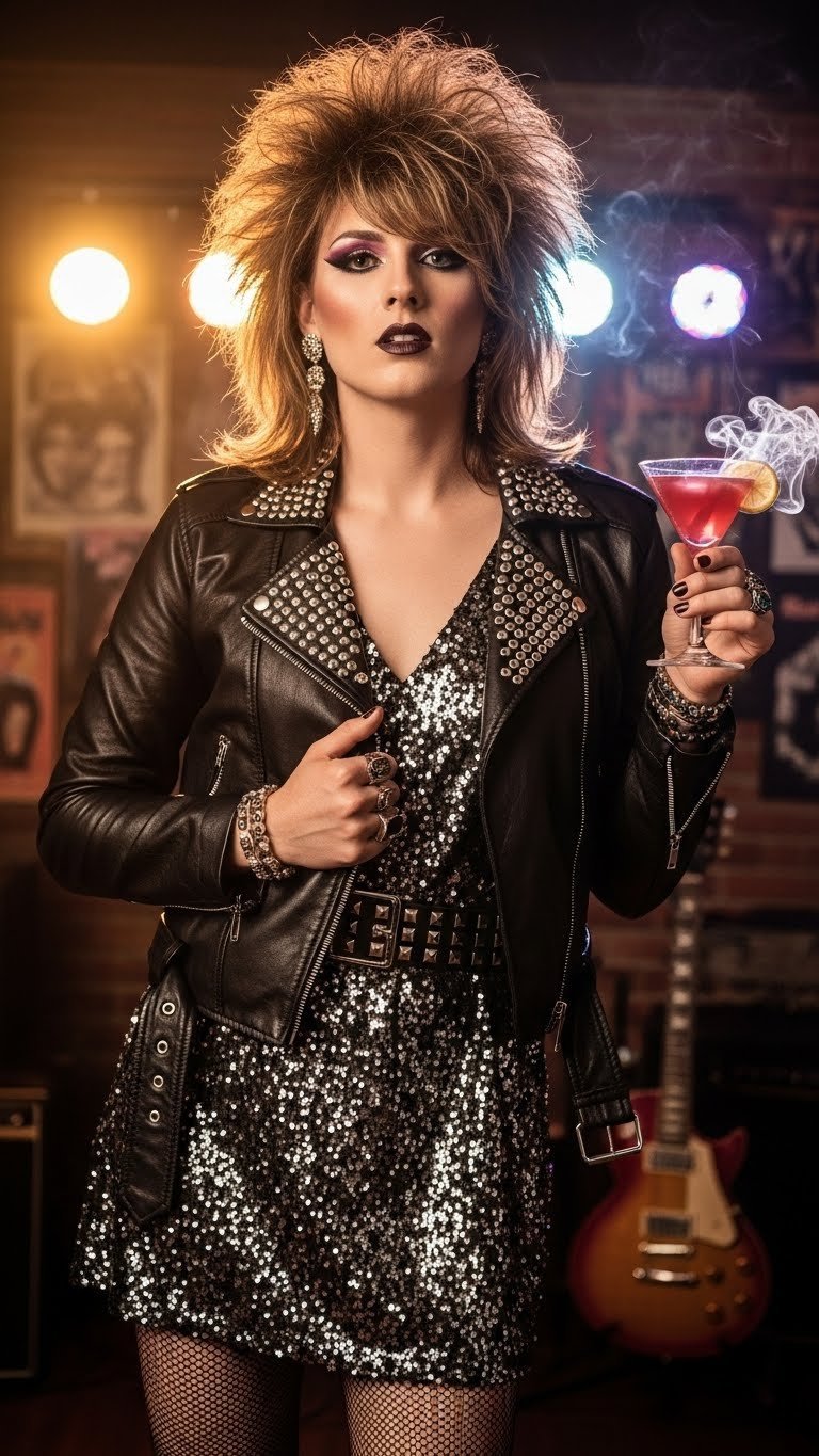 Person exuding 80s Glam Rock Valentine's look with metallic sequined dress, leather jacket, teased hair, and dramatic makeup in smoky club