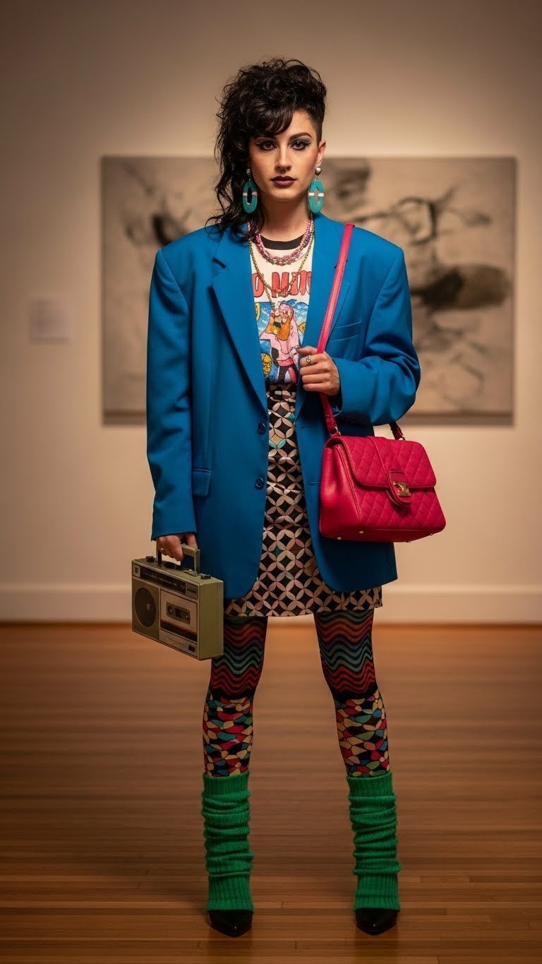 Person in New Wave Romantic 80s outfit featuring oversized blazer, ruched skirt, leg warmers, and asymmetric haircut against art gallery backdrop