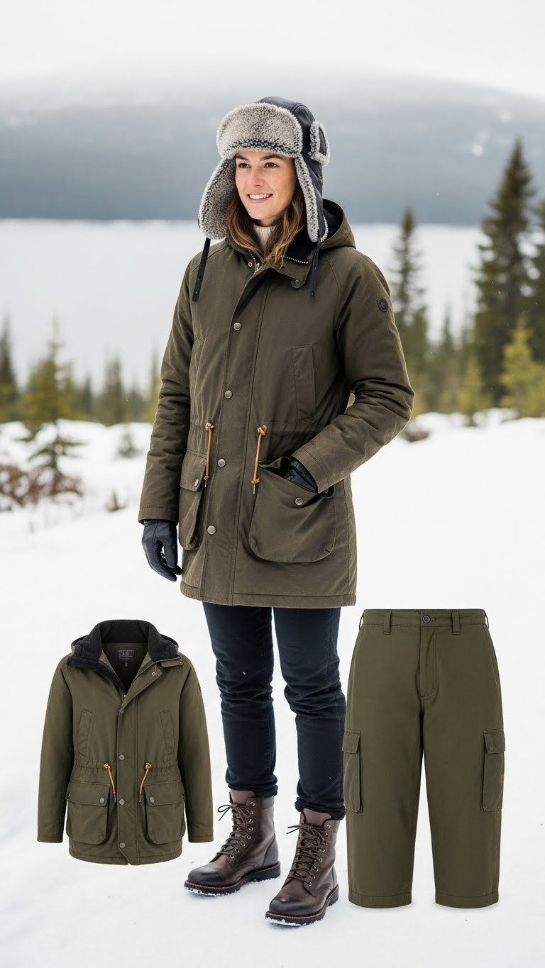 Person in a rugged leather trapper hat, shearling lining, high-end parka, and leather boots on a snowy forest path.