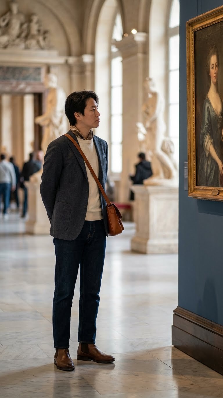 Person in a tailored blazer observes art in a grand European museum hall with blurred classical sculptures.