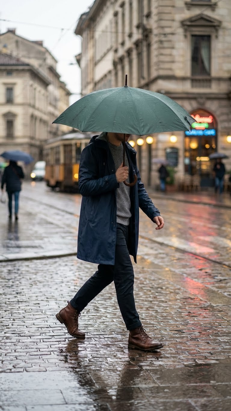 Person in a trench coat with an umbrella walks a wet European cobblestone street reflecting city lights.