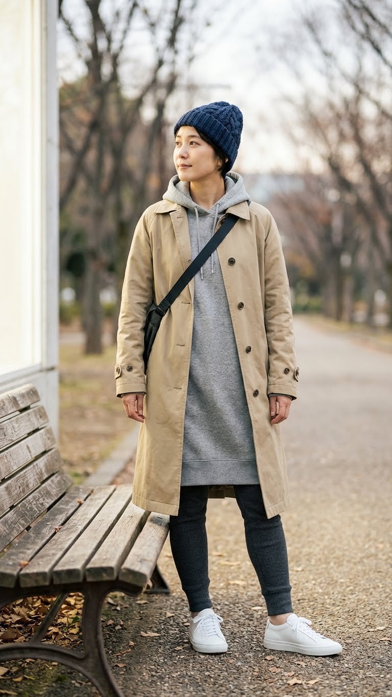 Person in beige trench coat, gray hooded dress, thermal leggings, white sneakers, standing in an urban park.