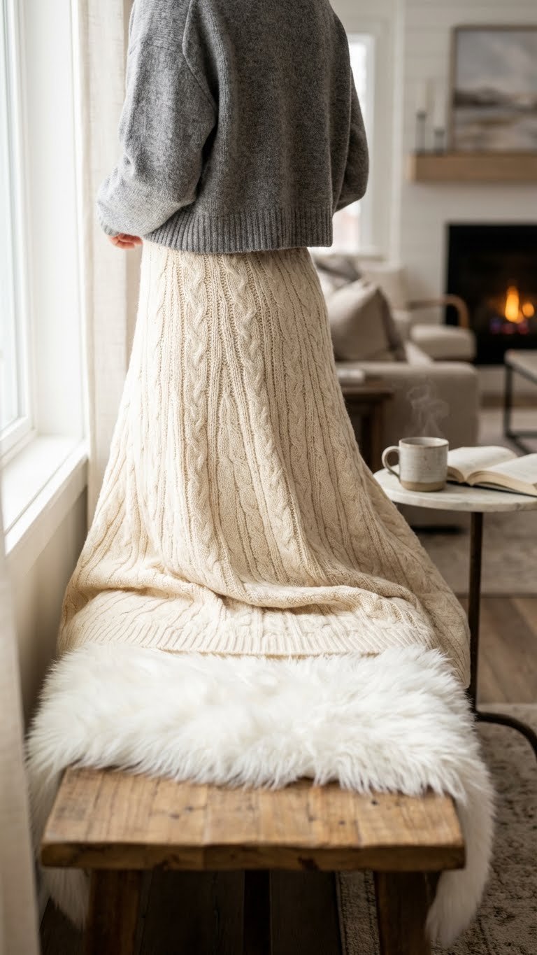 Person in cozy cream knit maxi skirt, gray cashmere sweater, relaxing on window seat with tea and book.