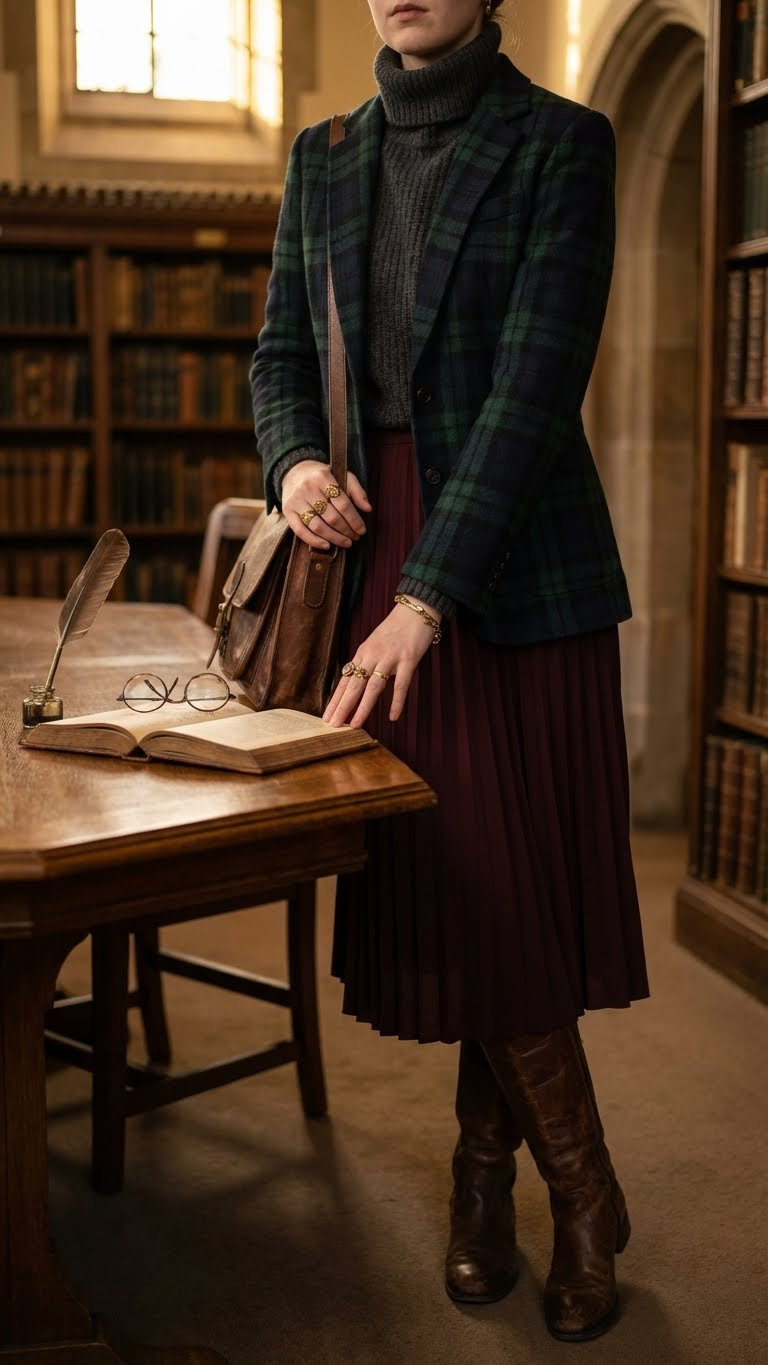 Person in dark plaid blazer, chunky turtleneck, pleated midi skirt, and knee-high boots, in a library, dark academia.