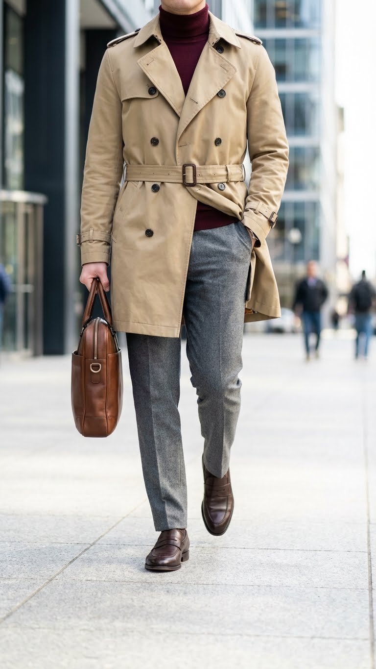 Person in khaki trench coat, gray wool trousers, burgundy turtleneck, walking on city sidewalk to office building.