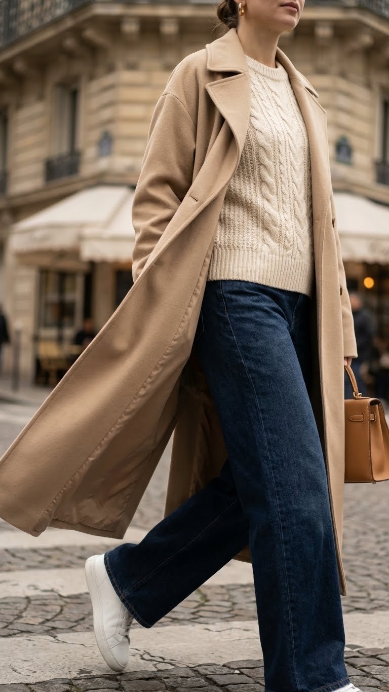 Person in motion wearing a flowing beige trench coat over a chunky cream cable knit sweater and dark wash wide-leg jeans.