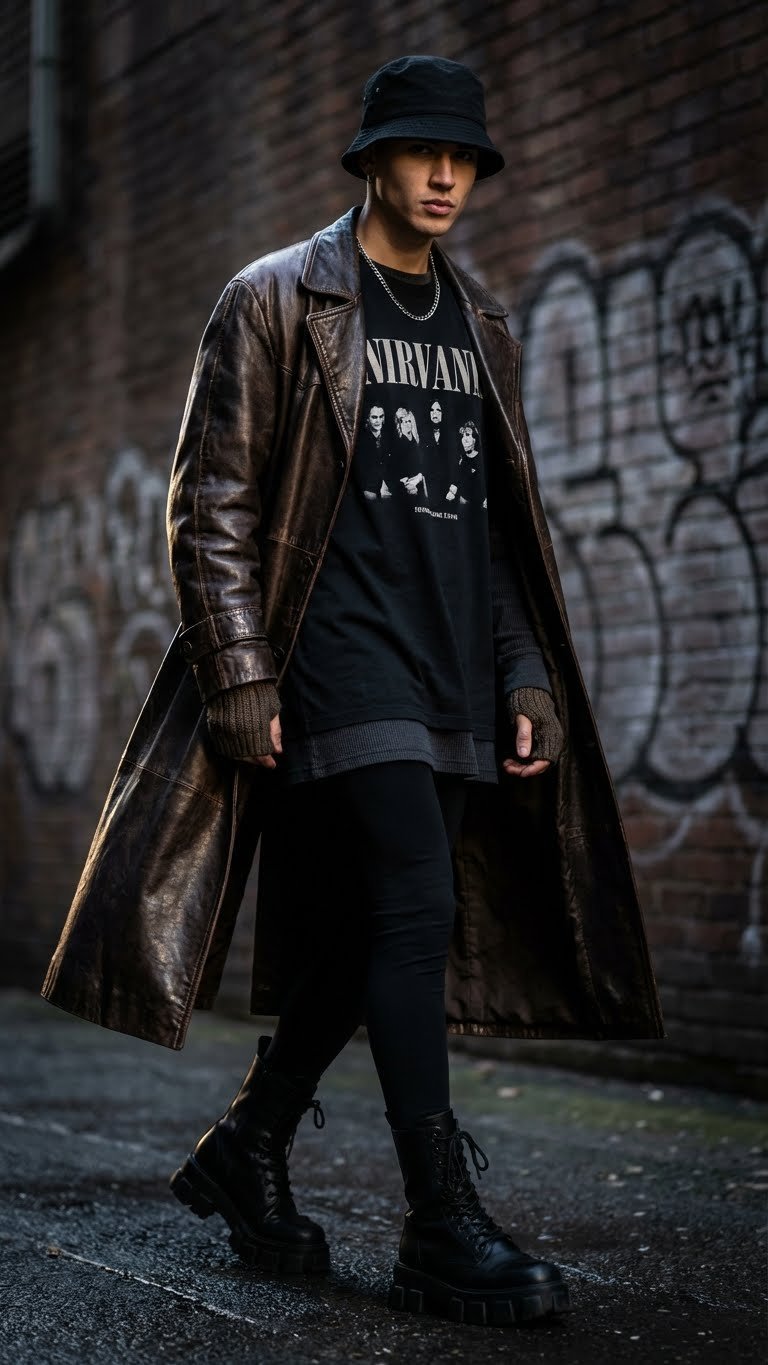 Person in oversized dark brown leather trench coat, black leggings, combat boots in a damp urban alley with graffiti.