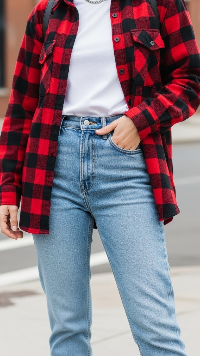 Person in oversized red and black plaid flannel shirt with mom jeans on urban street corner backdrop