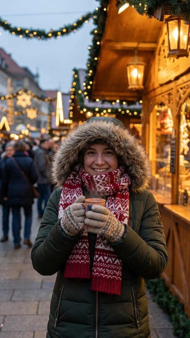 Person in puffer jacket sips glühwein at a festive European Christmas market, surrounded by twinkling lights and cozy stalls.