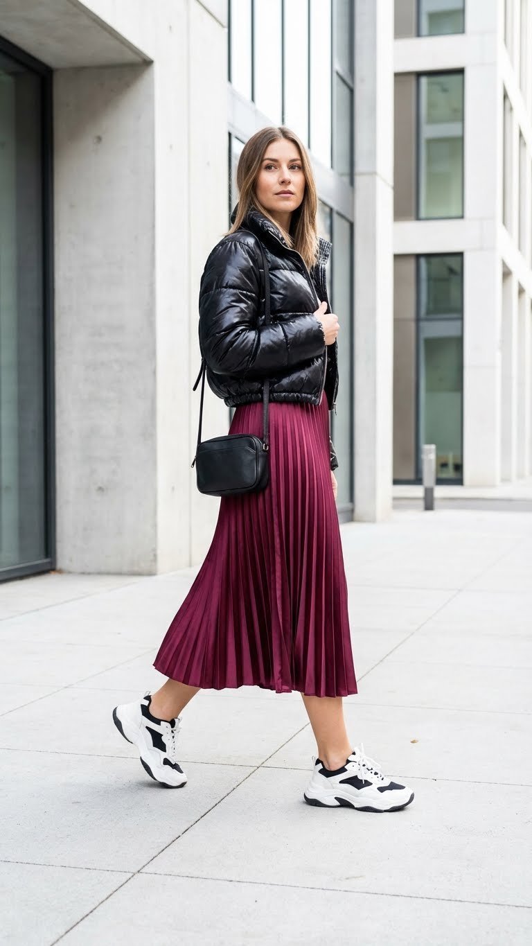 Person in satin pleated midi skirt, black puffer jacket, sneakers, cross-body bag, mid-stride on urban sidewalk.