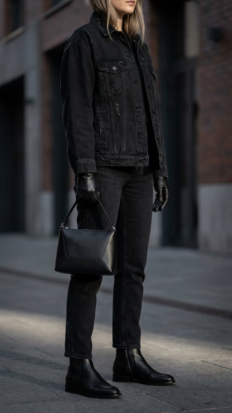 Person in sleek all-black monochromatic denim outfit: distressed black denim jacket, black jeans, urban setting.