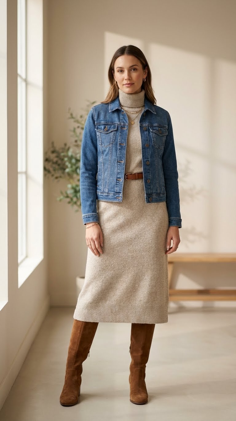 Person indoors: fitted blue denim jacket over cozy oatmeal midi turtleneck knit dress, sophisticated winter style.