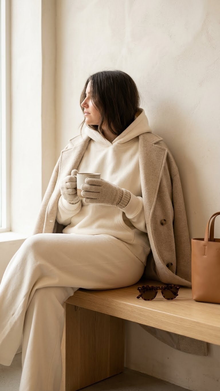 Person on a bench in a monochromatic winter white hoodie, wide-leg trousers, and wool overcoat. Serene neutral fashion.