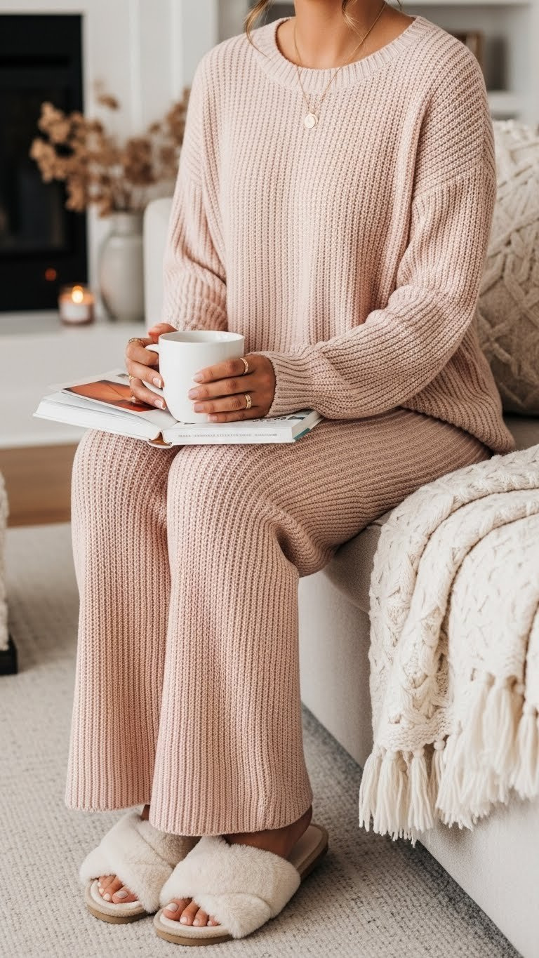 Person relaxing in cozy pink knit loungewear set on plush sofa with warm lamplight and fireplace
