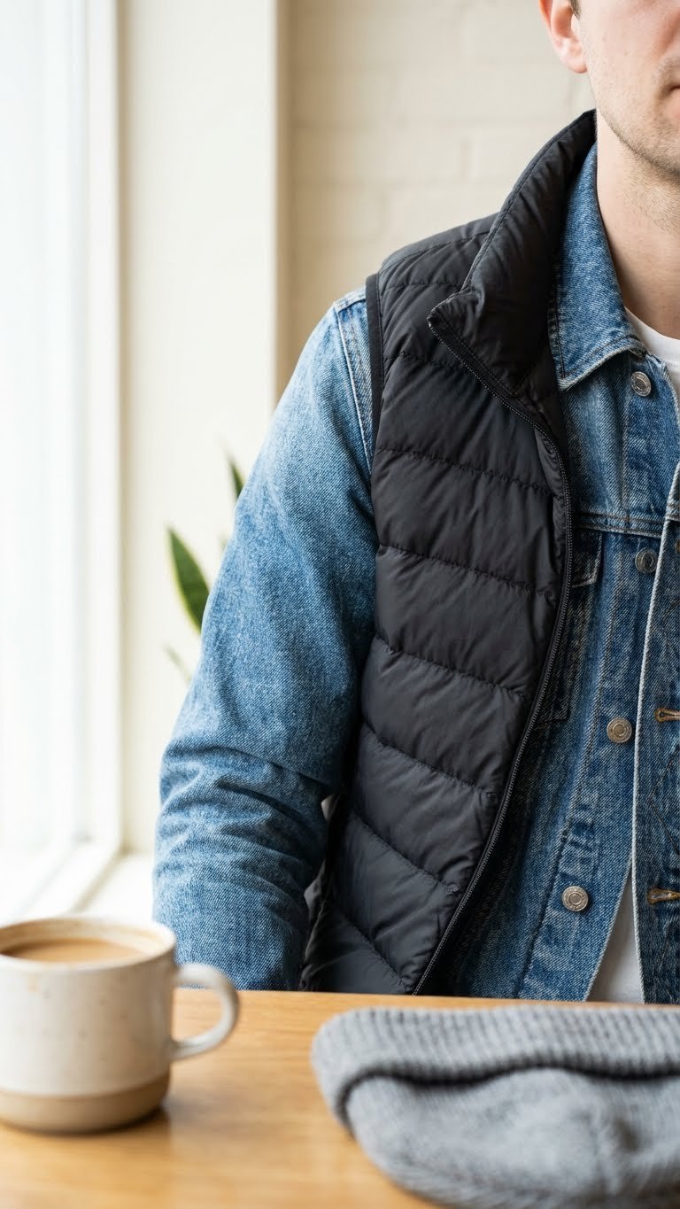 Person showcasing a classic blue denim jacket layered with a contrasting black quilted puffer vest, indoors.