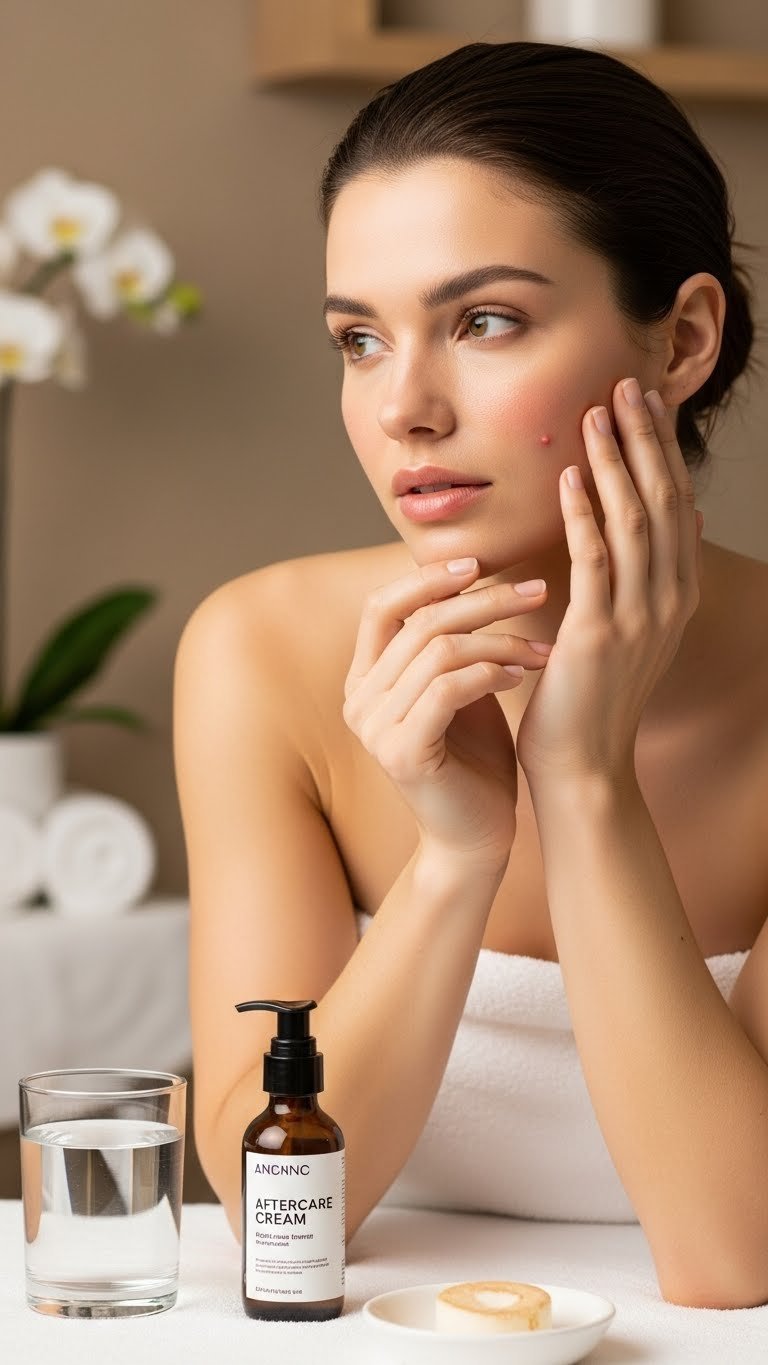 Person touching skin with subtle redness while looking thoughtful in calm spa environment with aftercare cream.