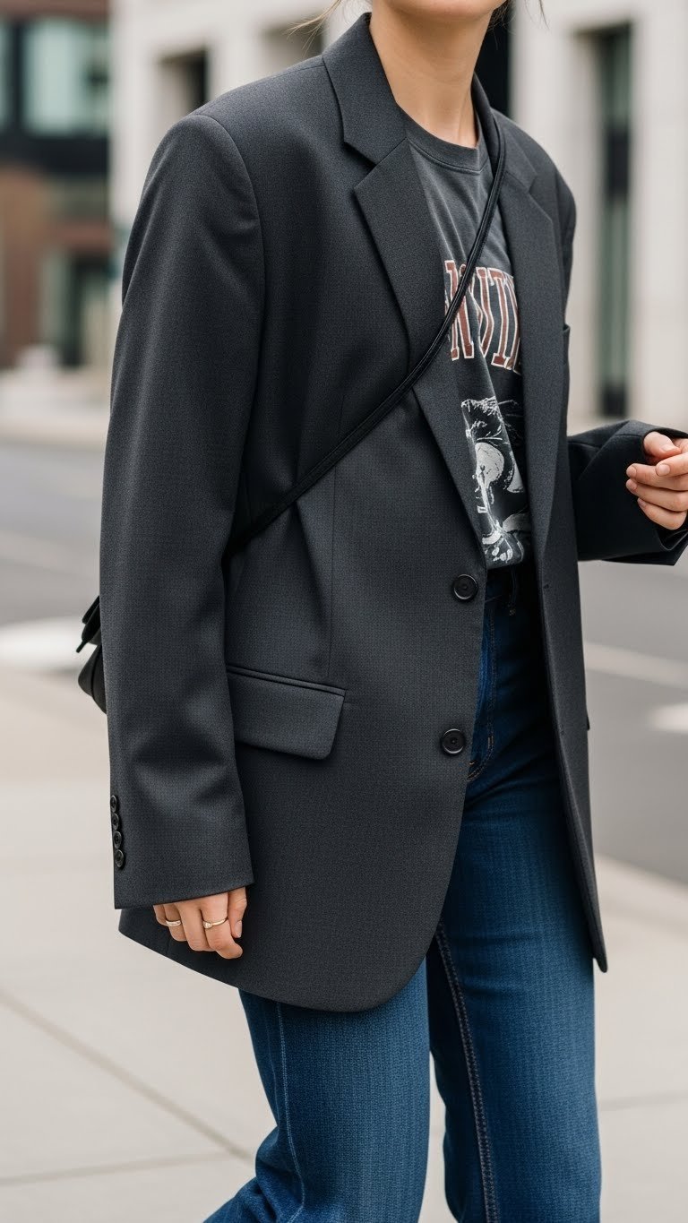 Person walking confidently in oversized charcoal grey blazer with vintage graphic tee on urban street with soft bokeh background