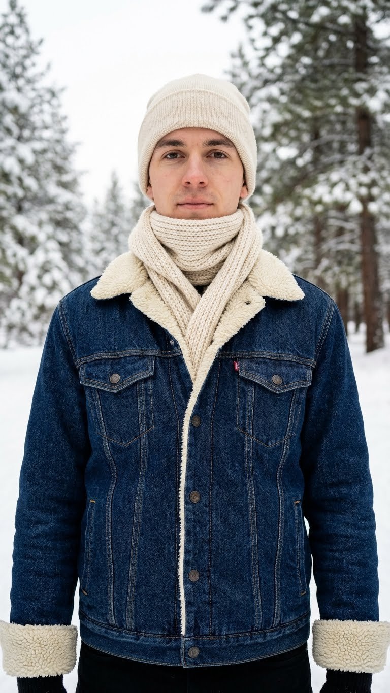 Person wearing dark wash sherpa-lined denim jacket, creamy lining visible at collar/cuffs, snowy backdrop, winter.