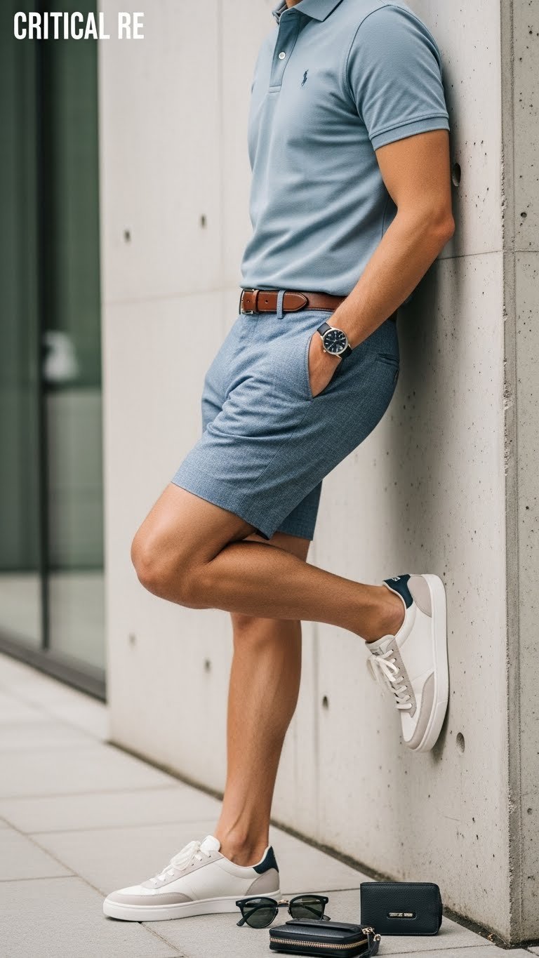 Person wearing premium cricket polo shirt leaning against concrete wall in urban setting with sleek accessories