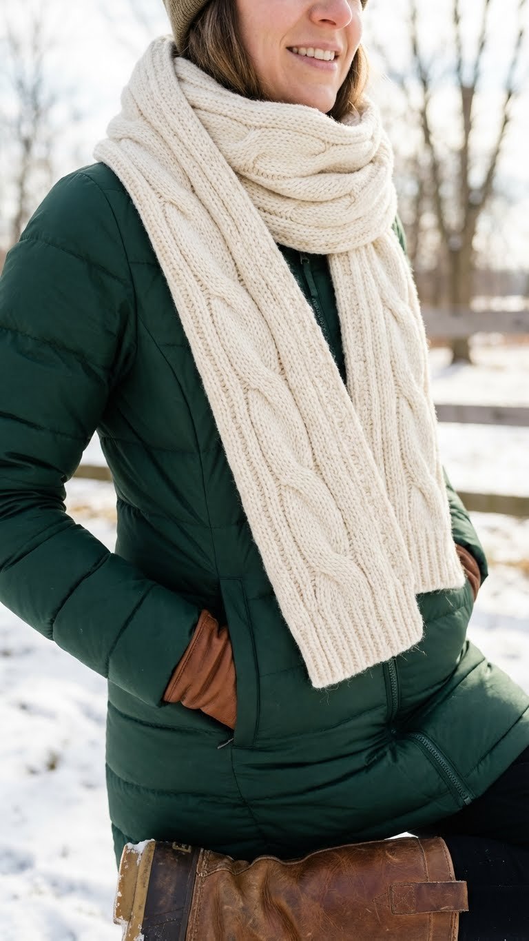 Person wears a cream cable knit chunky winter scarf with a forest green puffer jacket in a blurred snowy landscape. Cozy outdoor style.