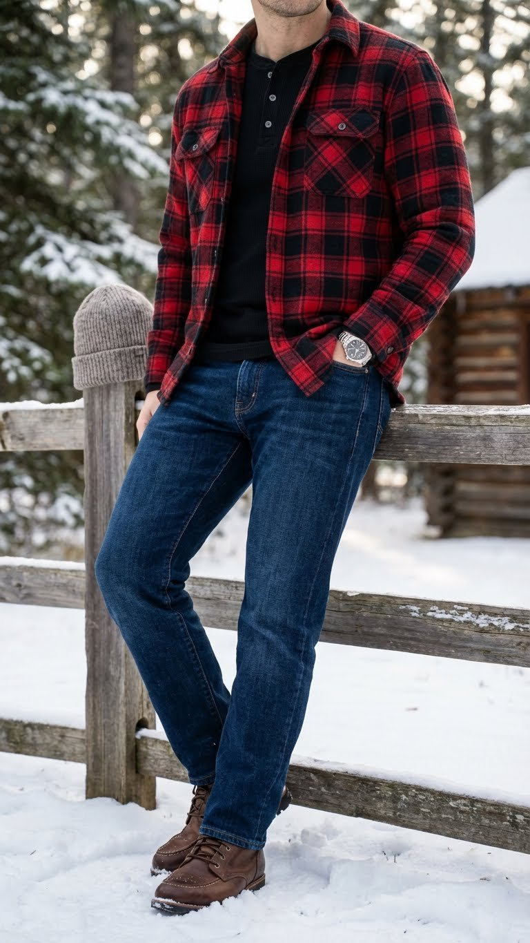 Person wears a red plaid flannel shirt, black thermal tee, dark jeans, and winter boots, leaning on a rustic fence.