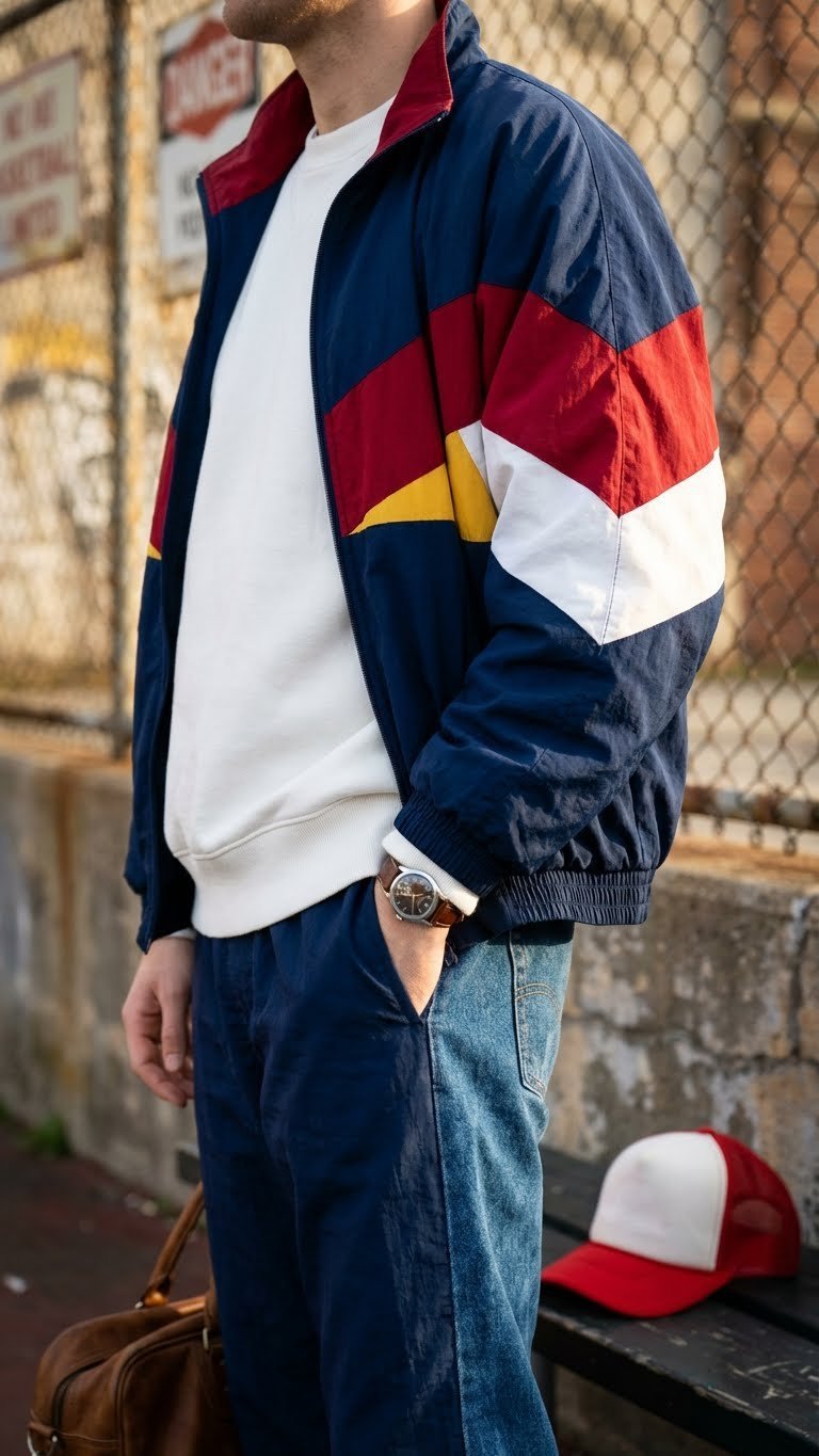 Person wears a vintage color block tracksuit jacket over a white sweatshirt with a retro watch, embodying urban streetwear.