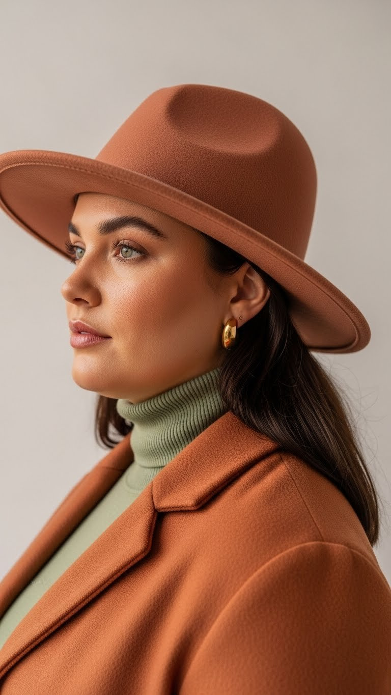 Person with a round face wearing a high-crowned beanie and high-collared coat for a flattering winter look.