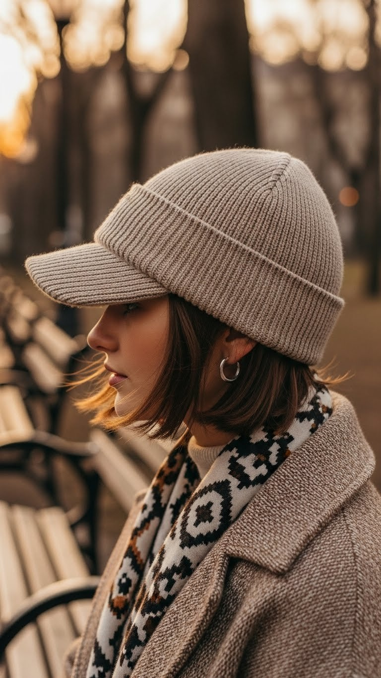 Person with short bob hair wearing a structured beanie and patterned scarf in a park during golden hour.