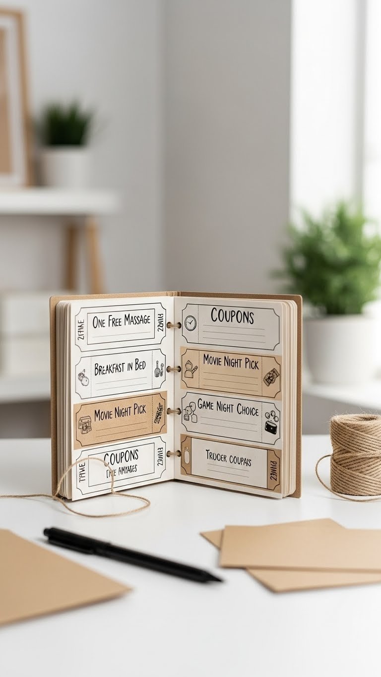 Personalized DIY coupon book with kraft paper cover fanned open to show handwritten coupons