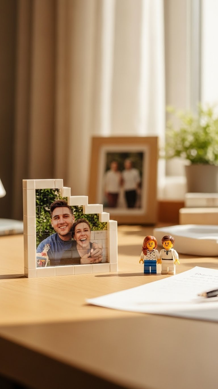 Personalized LEGO photo mosaic or custom minifigure set displayed on light wooden desk with cozy personal elements