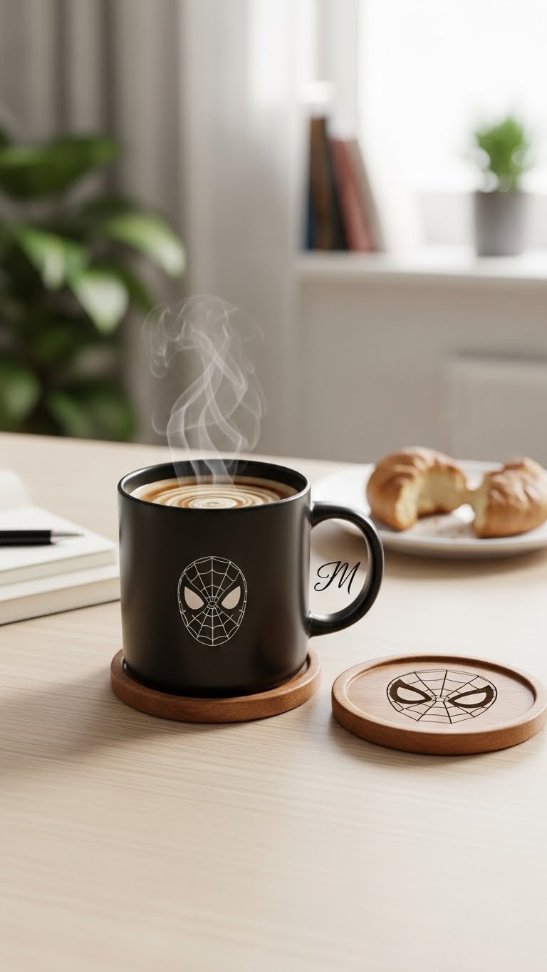 Personalized Spiderman coffee mug with debossed emblem and matching wooden coaster set on light wood surface