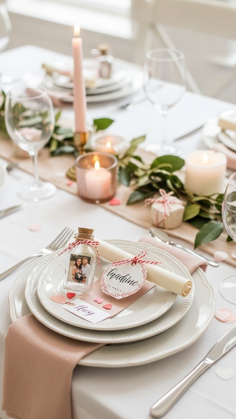 Personalized Valentine's Day place settings with calligraphy name tags and framed photos