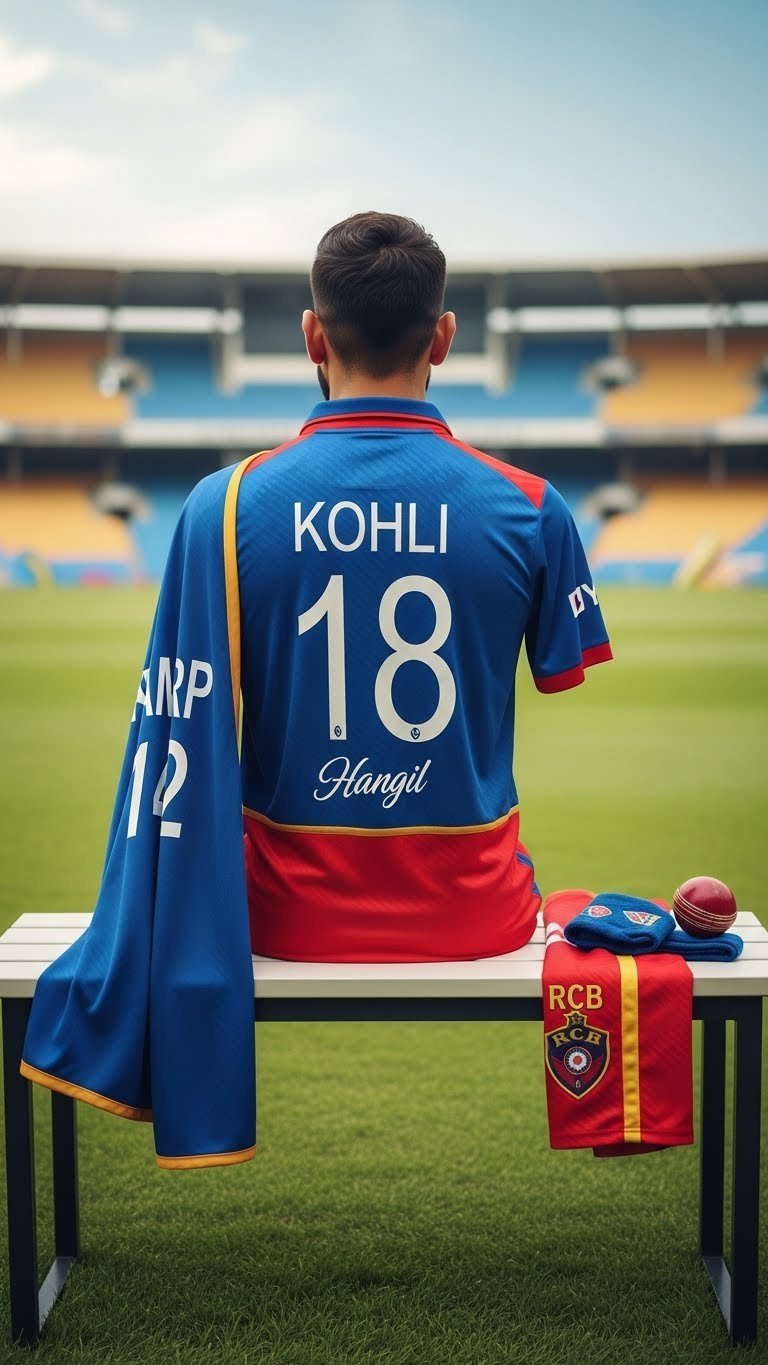 Personalized Virat Kohli cricket jersey in Team India colors displayed on white mannequin with cricket ball accessory
